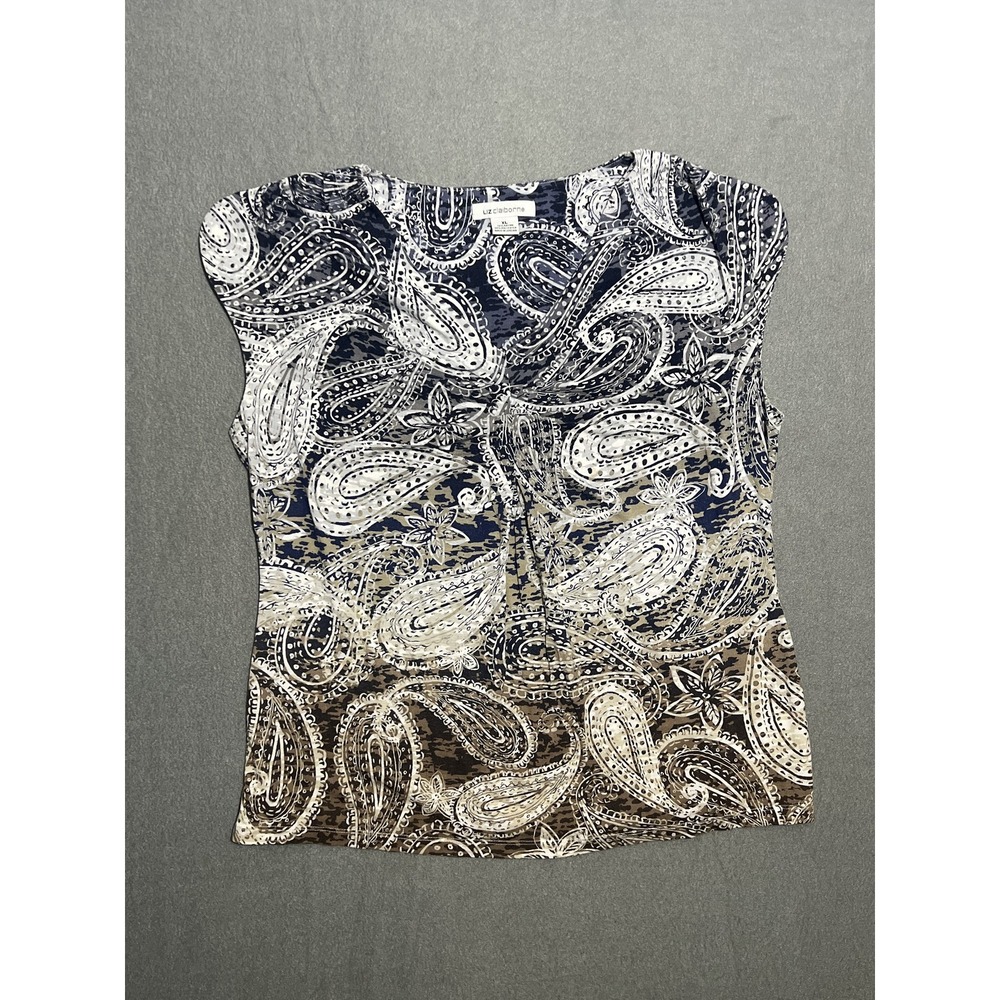 Liz Claiborne Women's XL Paisley Ruched V-Neck Cap Sleeve Pullover Top Blouse